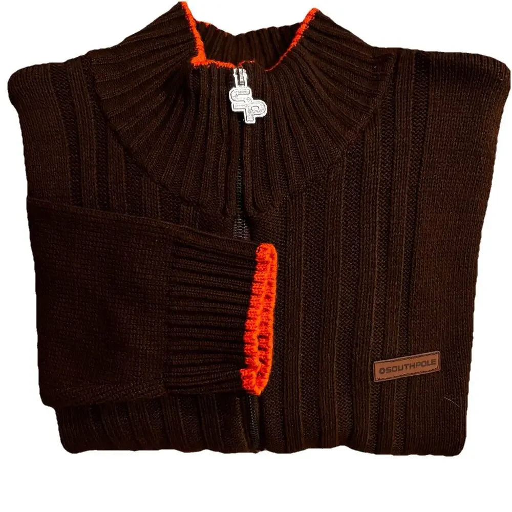 Y2K Southpole Ribbed Full Zip Mock Neck Sweater Cardigan Brown Orange Trim XL